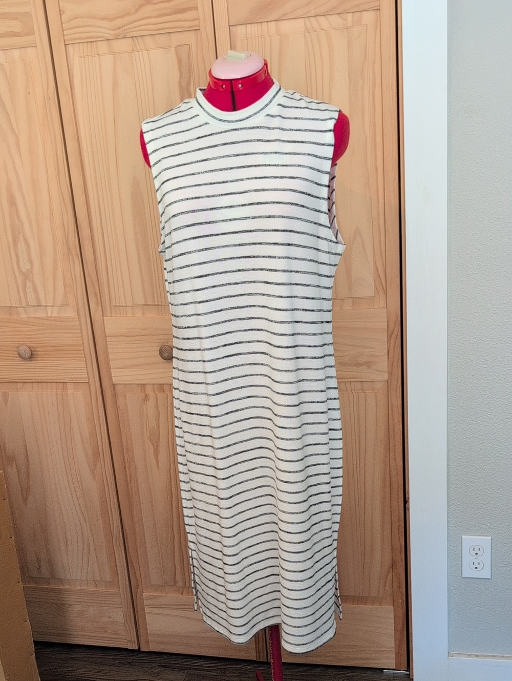 Sleeveless Striped Knit Midi Dress - White with Black Stripes